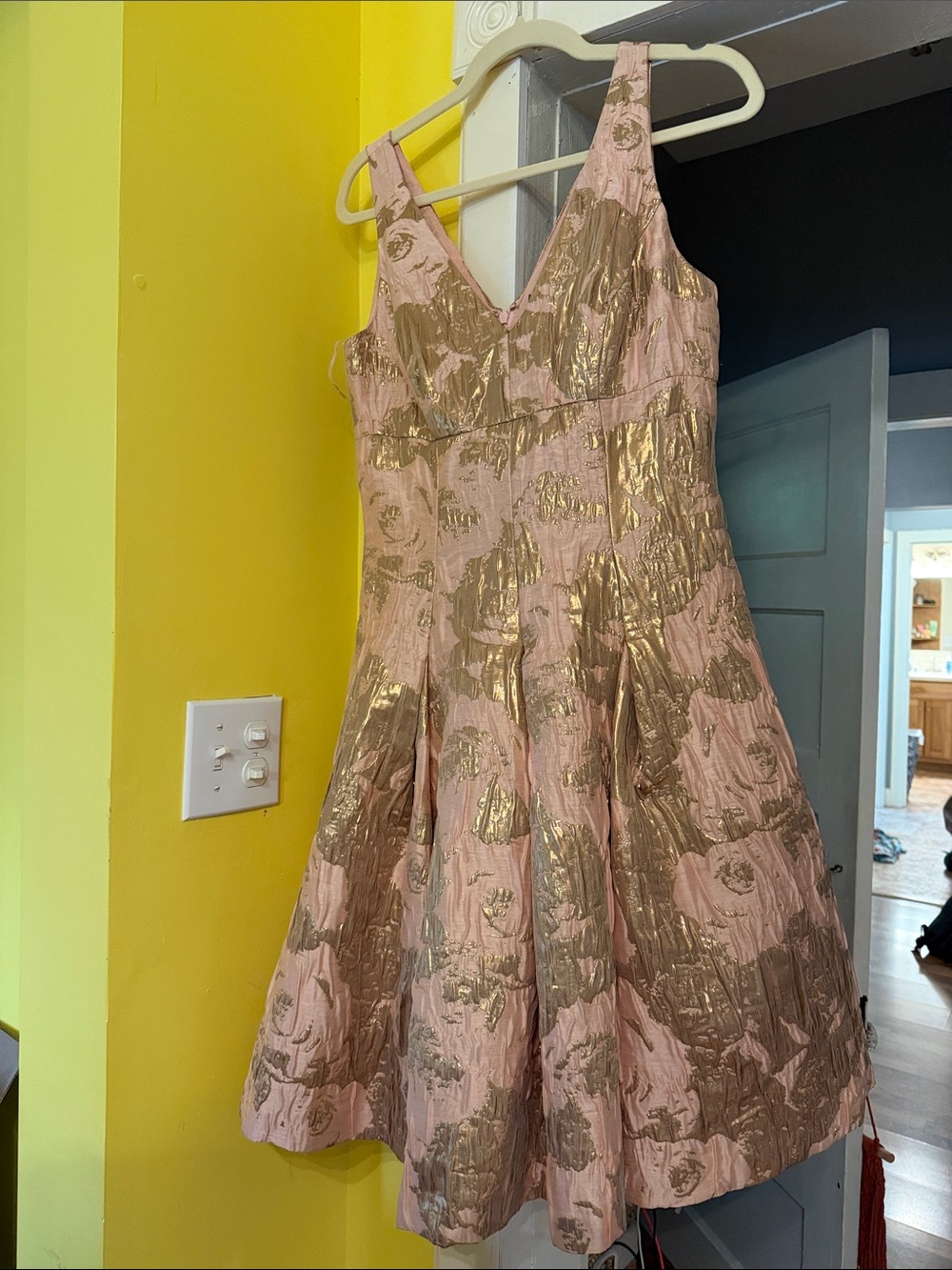 Aidan Mattox pink and gold brocade dress. Fit and flare style. Size 6.